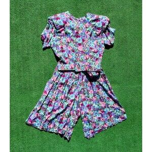 1980s Vintage S. Roberts S/S Floral Petite Sm Romper Dress Jumpsuit w/Belt EUC